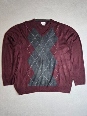 Haggar Men's XL Regular Knit V-Neck Pullover Sweater Burgundy/Gray Argyle